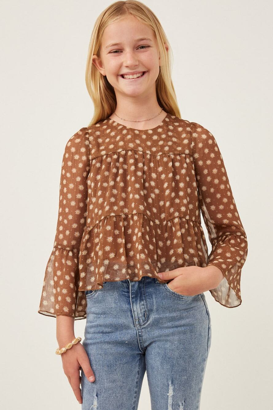 HAYDEN Daisy Floral Print Tiered Chiffon Top Girls Large